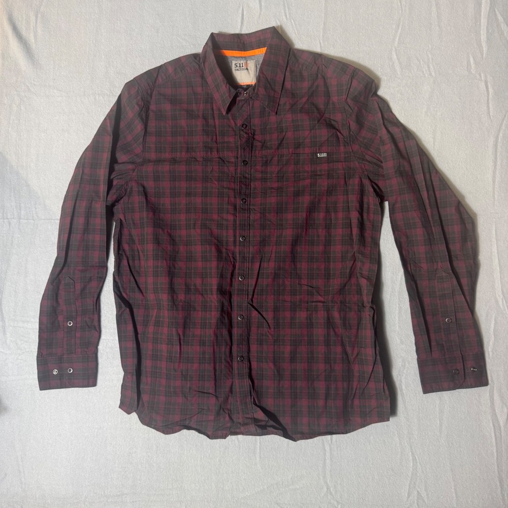 5.11 Tactical Mens Long Sleeve Button Down Plaid Shirt‎ Burgundy Black Medium